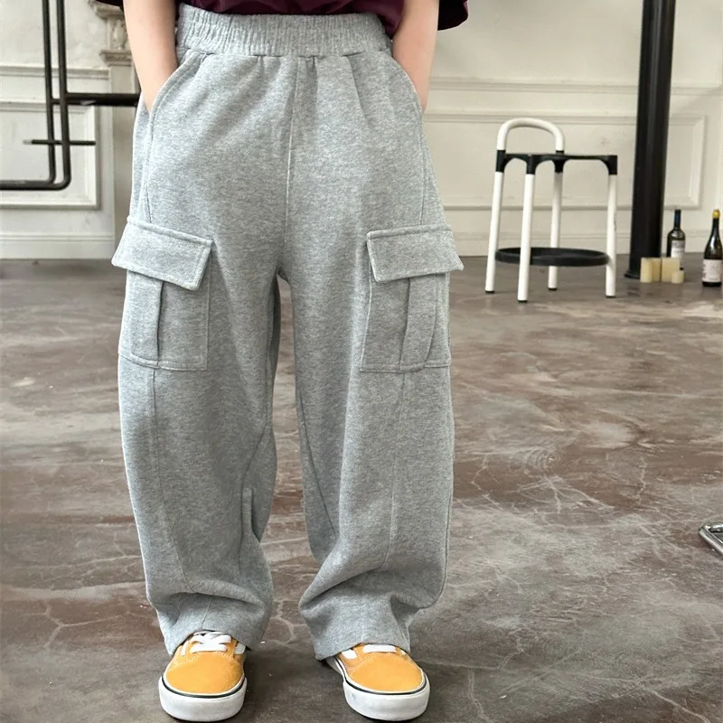 

Girls Trousers 2024 Autumn New Children Knit Sweatpants Korean Version Men and Girls Casual Pants Every Pocket Sports Bottoms