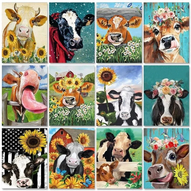 

RUOPOTY Modern Picture Frame Painting By Numbers On Canvas Cow Animals Diy Crafts Personalized Gift For Home Wall Decors Flowers