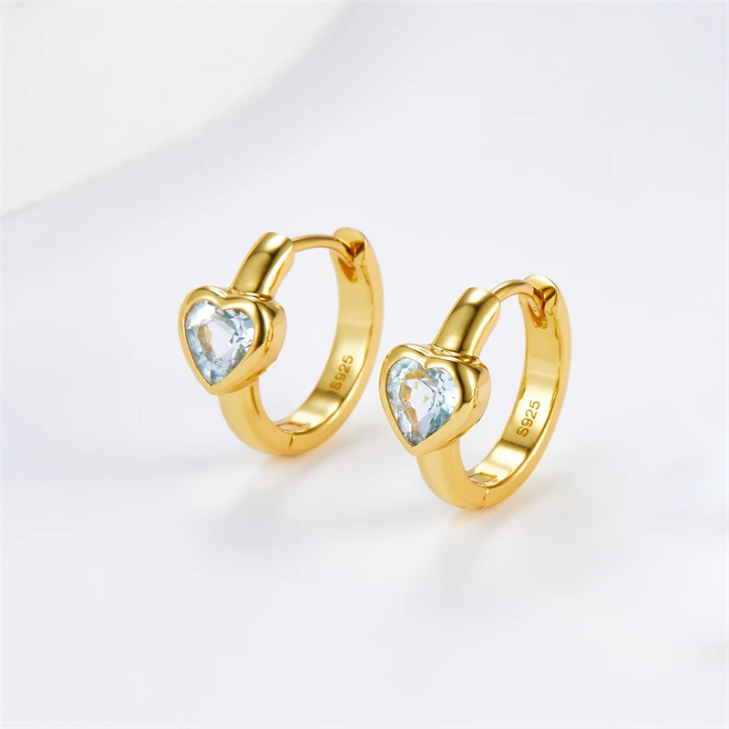 Natural Topaz 925 Silver Simple Hoop Earrings For Women 18K Gold Blue Stone Heart Square Minimalism Chic Earring 2024 New Gift