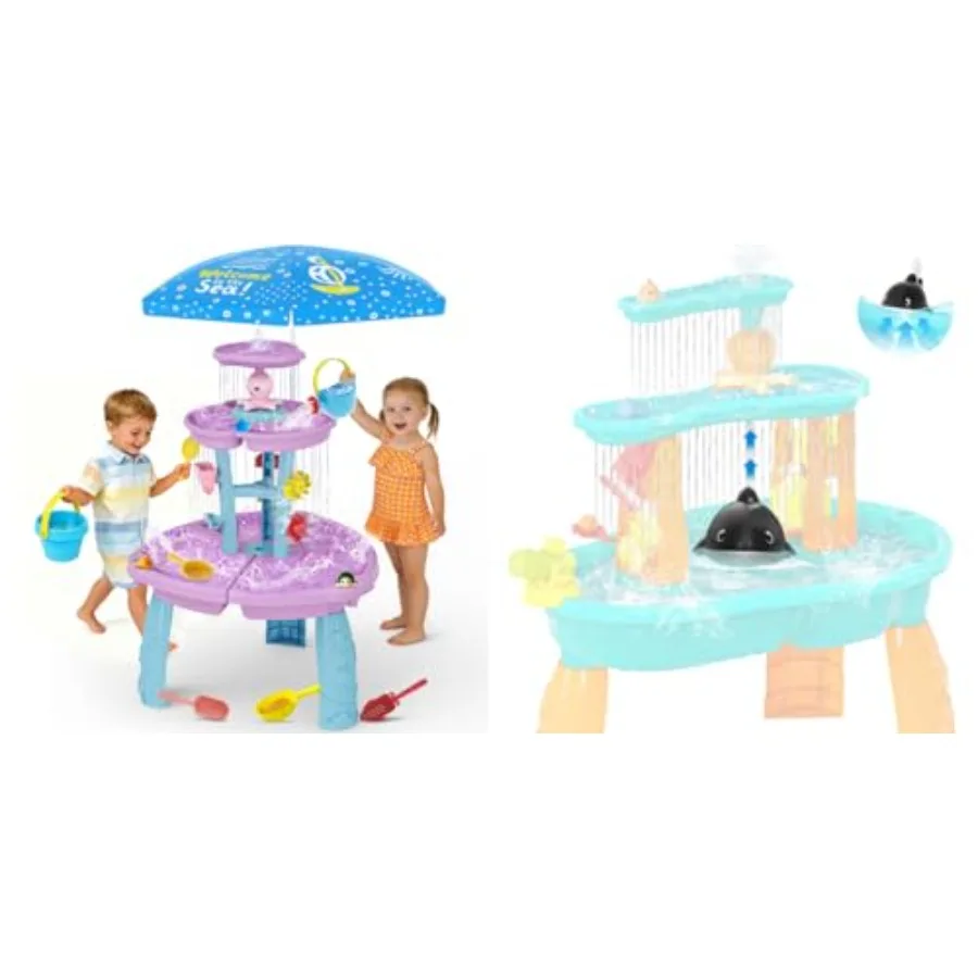 Outdoor sensory water table for toddlers 3-5: 3-tier rain showers, splash pond, auto-absorbing pump, portable summer toy, blue