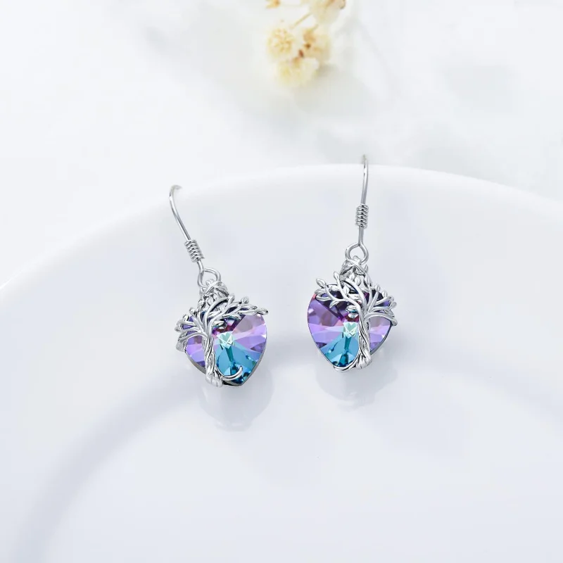 

Tree of Life Dangle Earrings, 925 Sterling Silver Crystal Drop Earrings, Family Tree Symbol Jewelry, Christmas Gift for Women
