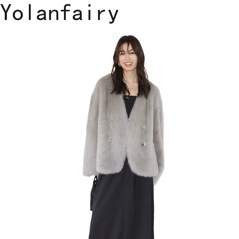 

YOLANFAIRY Real Fur Coat Women Winter 2026 Natural Lamb Integral Fur Jacket Korean Young Style V Neck Double Breasted Fur Jacket