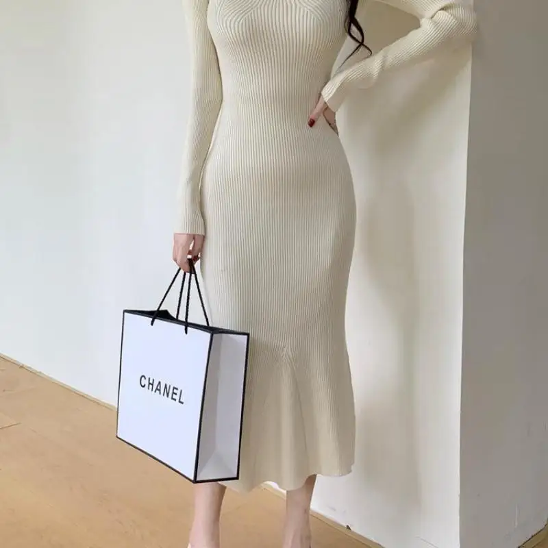 

Women 2024 Sexy Slim V-neck Knitted Dress Elegant Casual Female Autumn Winter Long Sleeve Pullover Party Sweater Dresses