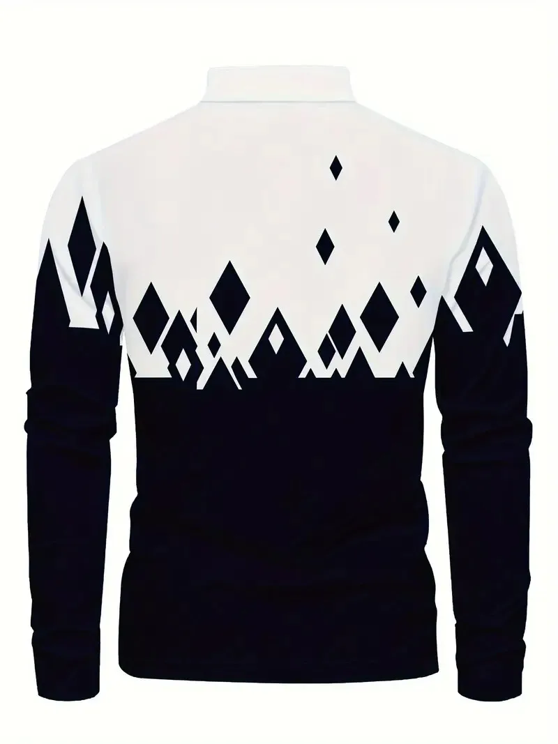 2026 Spring/Summer New Men's Long-Sleeved Polo Shirt - Street Fashion Casual Comfortable Soft 3D Check Pattern Print