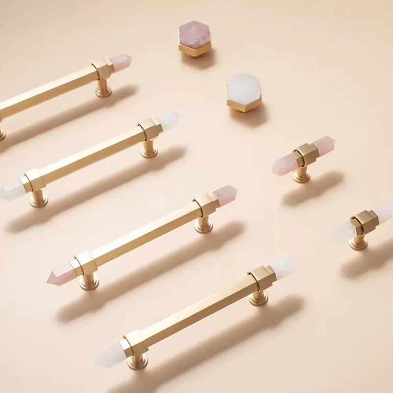 Natural Pink Crystal+Solid Brass Furniture Knobs and Handles Luxury Bedroom Wardrobe Dresser Pulls Cabinet Door Handle Hardware