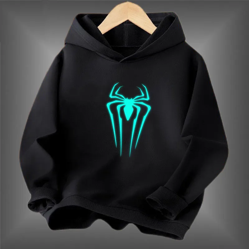 Junge Studenten Animal Spider Print Kleidung Fluoreszierender Kapuzenpullover Jungen Leuchtender langärmliger Basic-Mantel für Frühling und Herbst