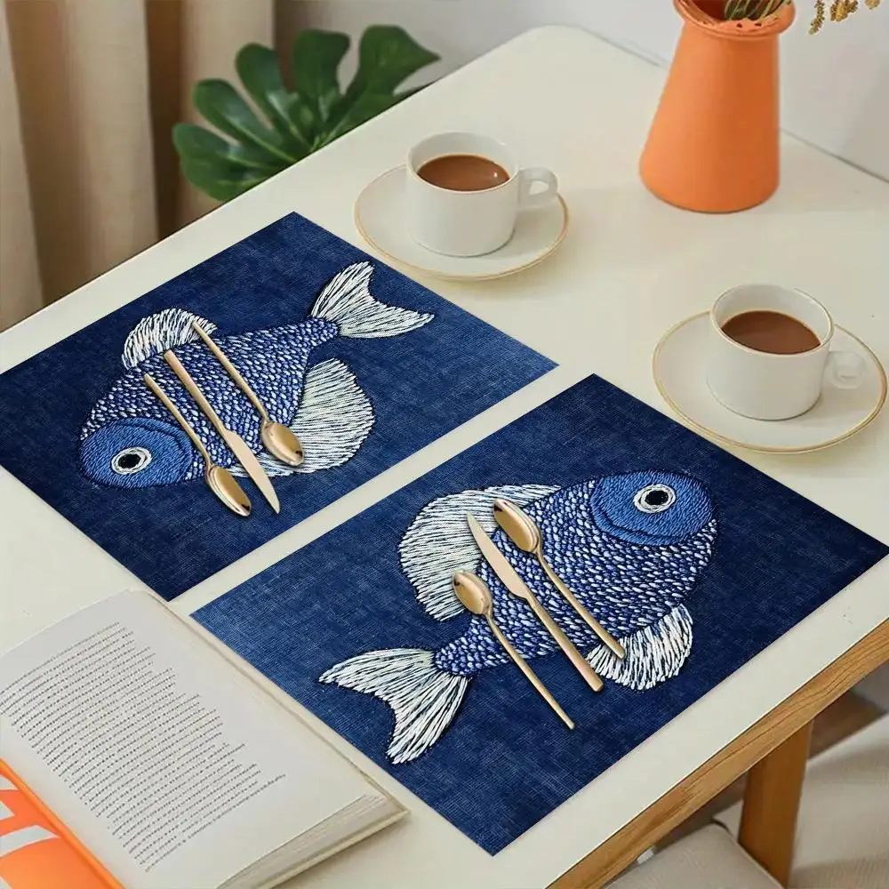 VIKAMA Indigo Koi Fish Placemat Japanese Traditional Linen Heat Resistant Dining Table Mat for Home Decor
