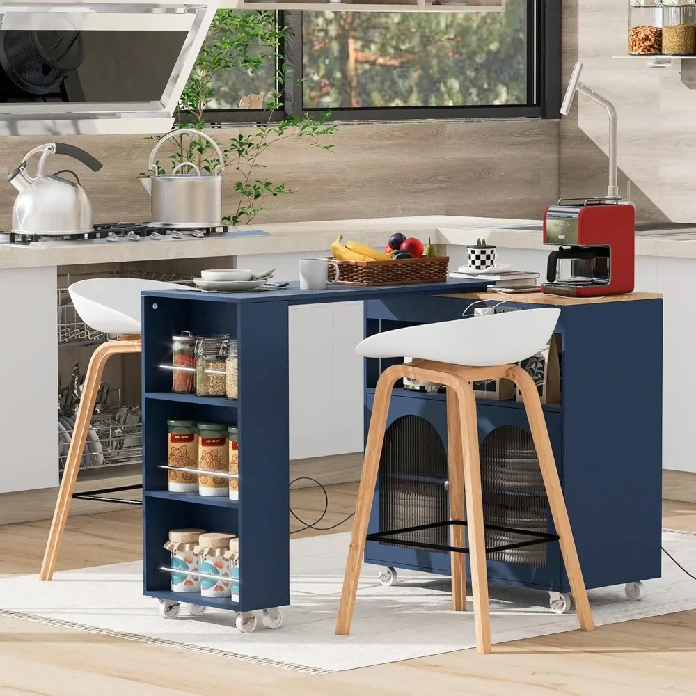 Rolling Kitchen Island with Extended LED Lights and Table,Storage Cart on Wheels W/Power Outlets & 2 Fluted Glass Doors,Navy