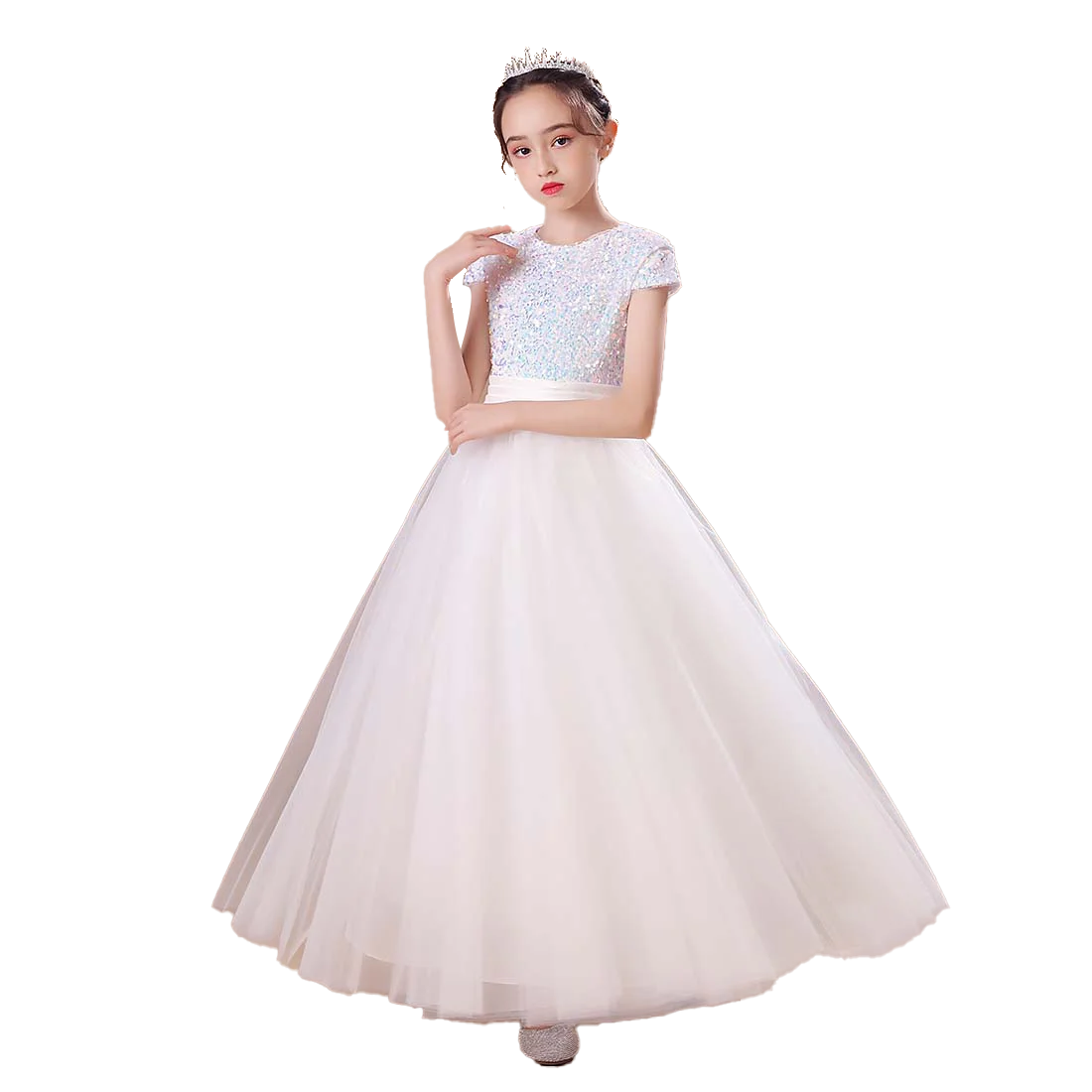 YZYmanualroom Glitter Sequins Short Sleeves Flower Girls Dresses For Wedding Tulle Birthday Party Christmas Dress For Girl