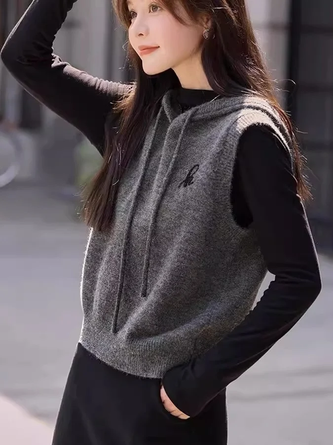 

Элегантный вязаный жилет без рукавов с капюшоном, серый, в простом стиле, модный, весна-осень, новинка, женская куртка