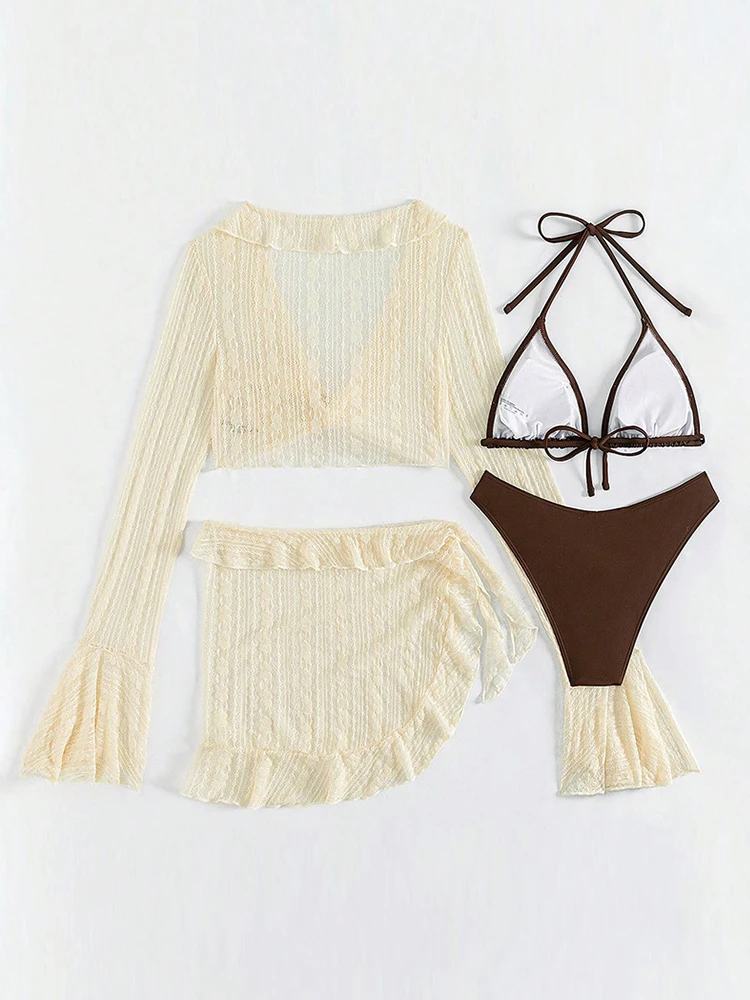 2025 مثير أربع قطع النساء ملابس السباحة طويلة الأكمام التستر ملابس الصيف الصلبة مجموعة البكيني البرازيلي بحر حفلة ثوب السباحة