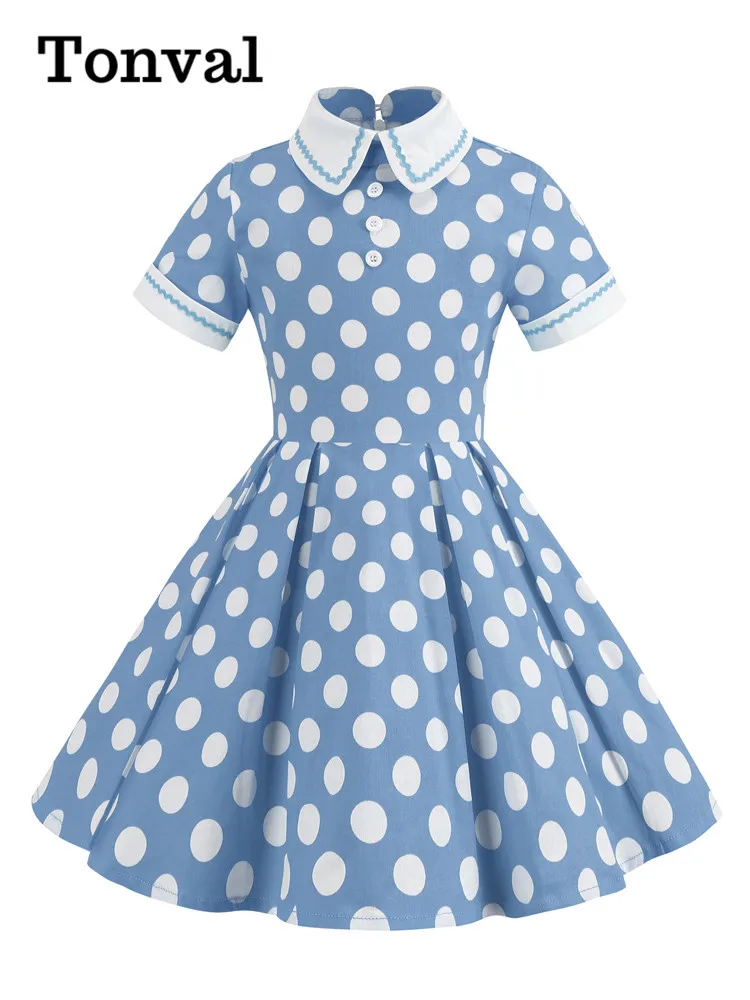 Tonval Peter-Pan Collar Buttons Front Polka Dot Print Cotton Dresses for Girls Vintage Party Wear 50s Style Kids Pleated Dress