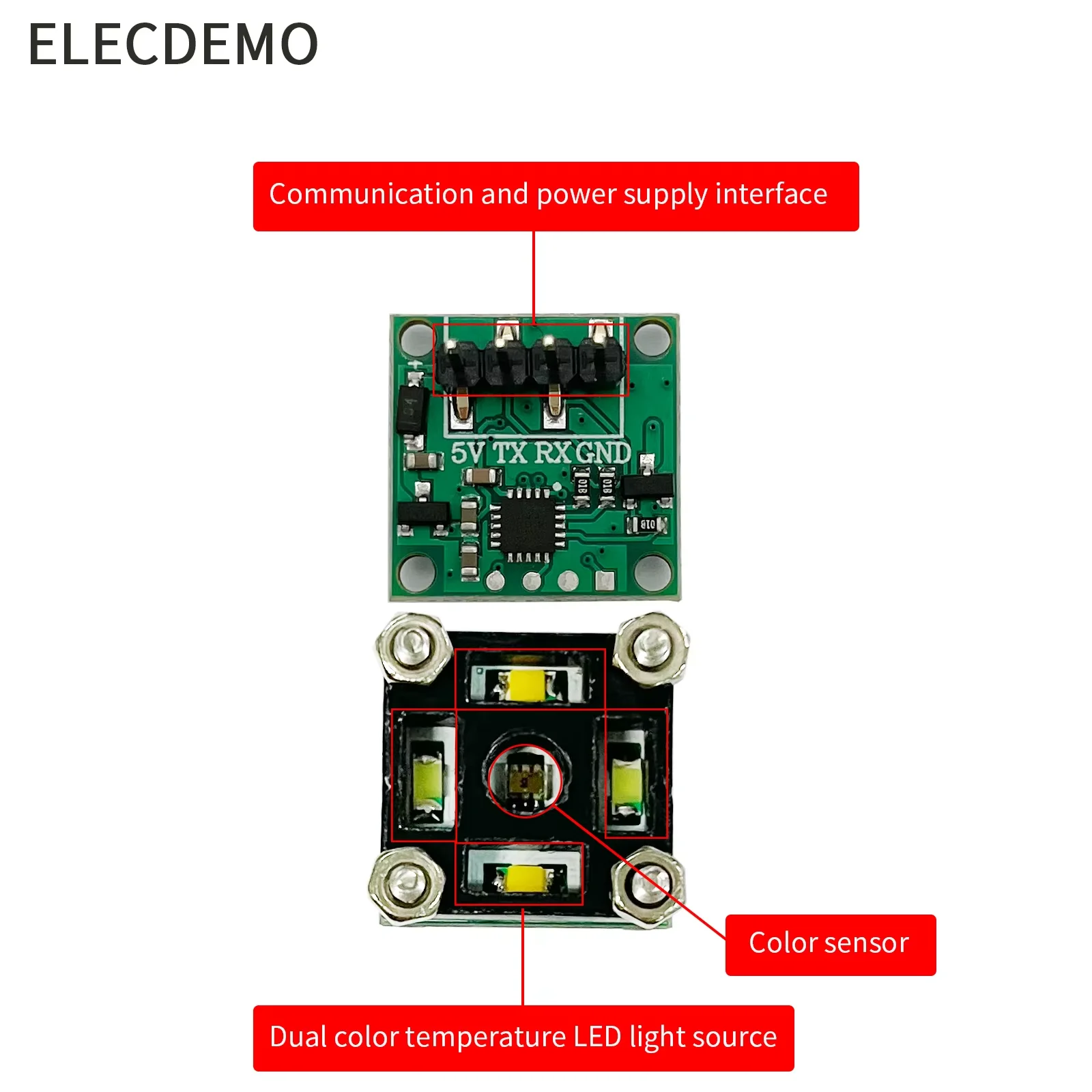 RGB Color Recognition Sensor Module, High Precision Color Temp Illuminance Detection, UART TTL Output, Ultra Small Size DIY PCB