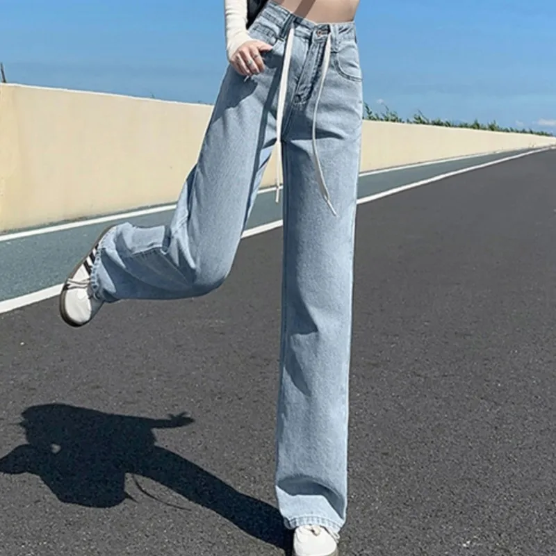 Denim Jeans Women Wash Drawstring Korean Loose Wide Leg Drop Straight Long Ladies Pants Trend Brand Trousers Dropship