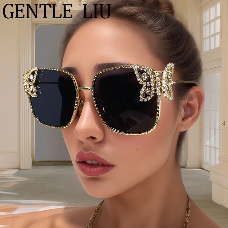 Trendy Rhinestones Square Butterfly Sunglasses Women 2025 Luxury Brand Oversized Metal Frame Eyewear Retro Sun Glasses For Lady