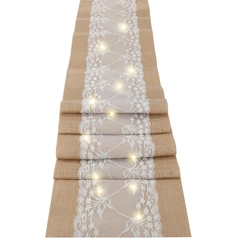 12PD Reusable Burlap Lace Table Runner With LED Light Fade Resistant Polyester Fabric for Indoor Furnitures Cover