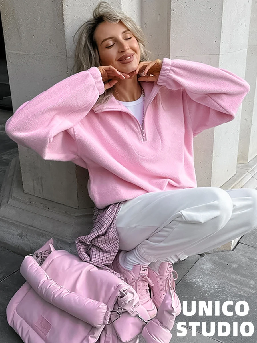 فضفاضة تناسب البلوز Fce اصطف هوديي الشارع Sle طويل Sve الوقوف طوق الوردي البلوز المرأة لباس غير رسمي موسم الربيع