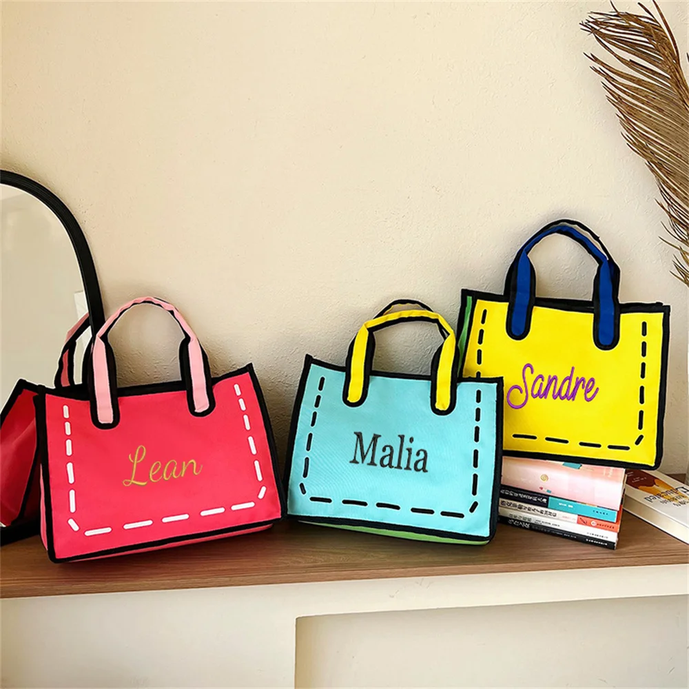 Personalized Embroidery Custom Cartoon Girl Canvas Bags Women's Handheld Shopping Bags Colored Large Capacity Shoulder Bags