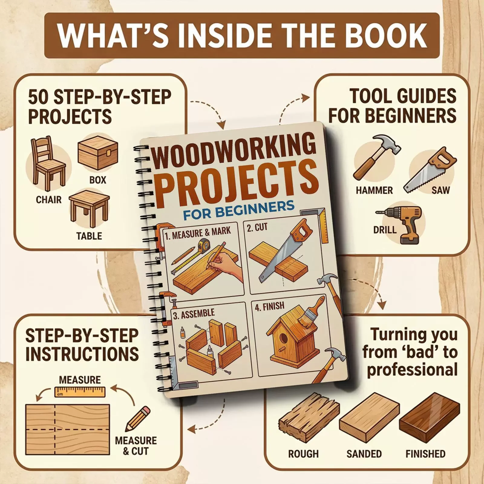 

Woodworking Projects Book For Beginners Simple , Practical Projects,With step-by-step Guide And Instructions On basic Tools