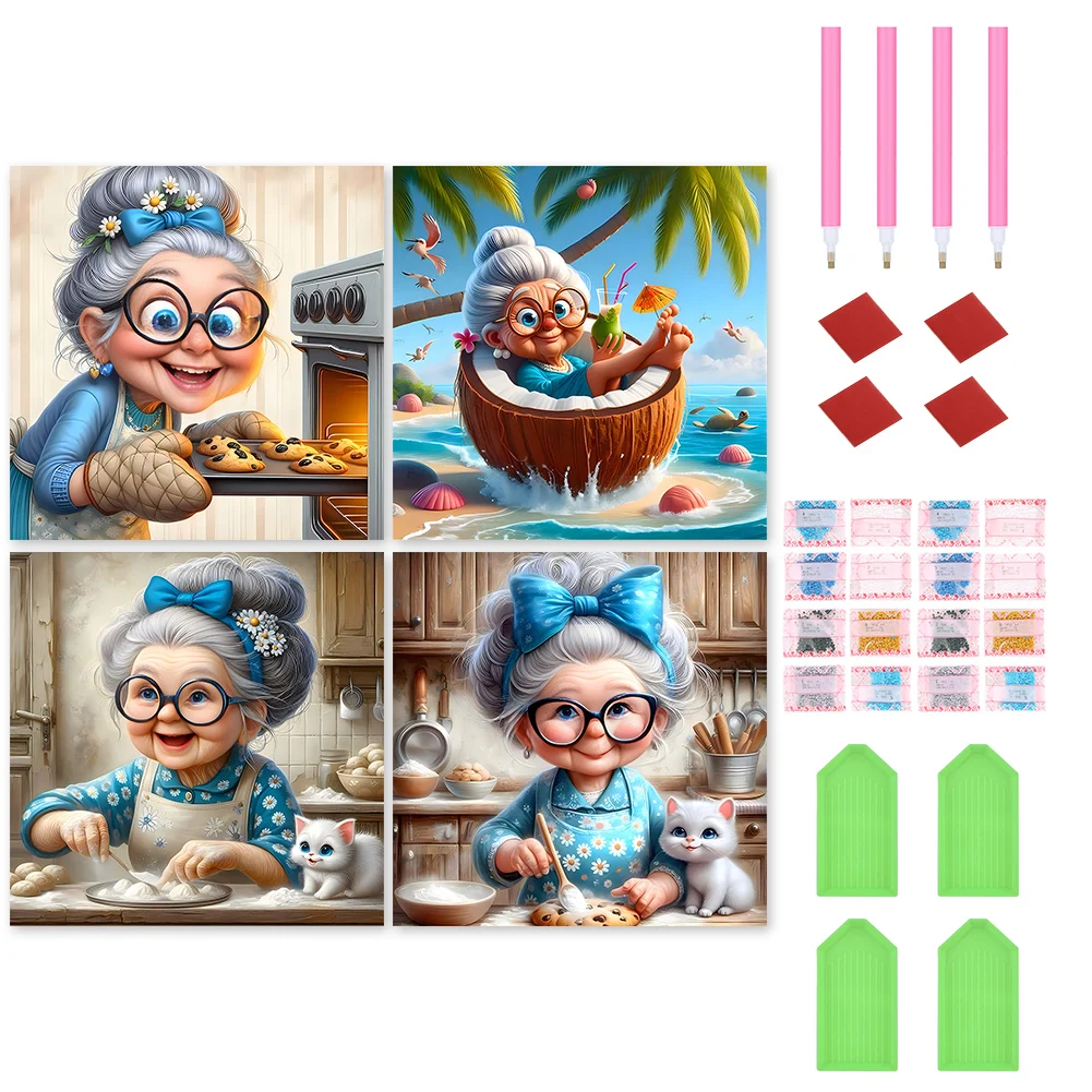 

4pcs Grandma 5D DIY Full Drill Round Diamond Painting Kit Home Decor 30x30cm