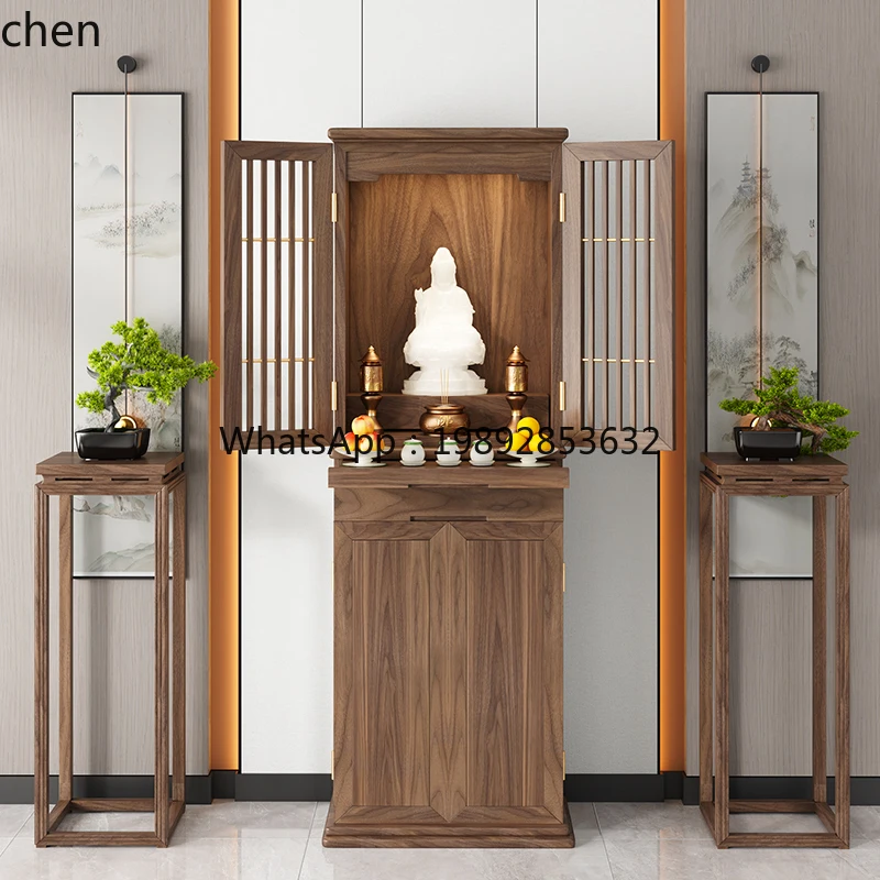AB 無垢材神棚 ドア付き 仏壇 財神仏 家庭用 観音 新中式神棚キャビネット