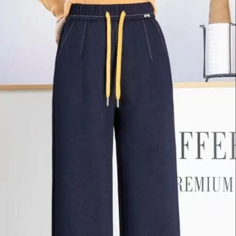 New Spring Autumn Tensi Denim High-waist Casual Straight-leg Trousers for Women's Elastic Waist and Bright-line Drawstring Pants