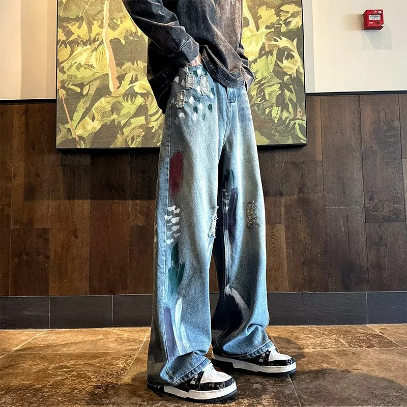 

Мужские джинсы свободного кроя с эффектом потертости, прямые, широкие штанины, весна-осень, в американском уличном стиле, модные, брендовые