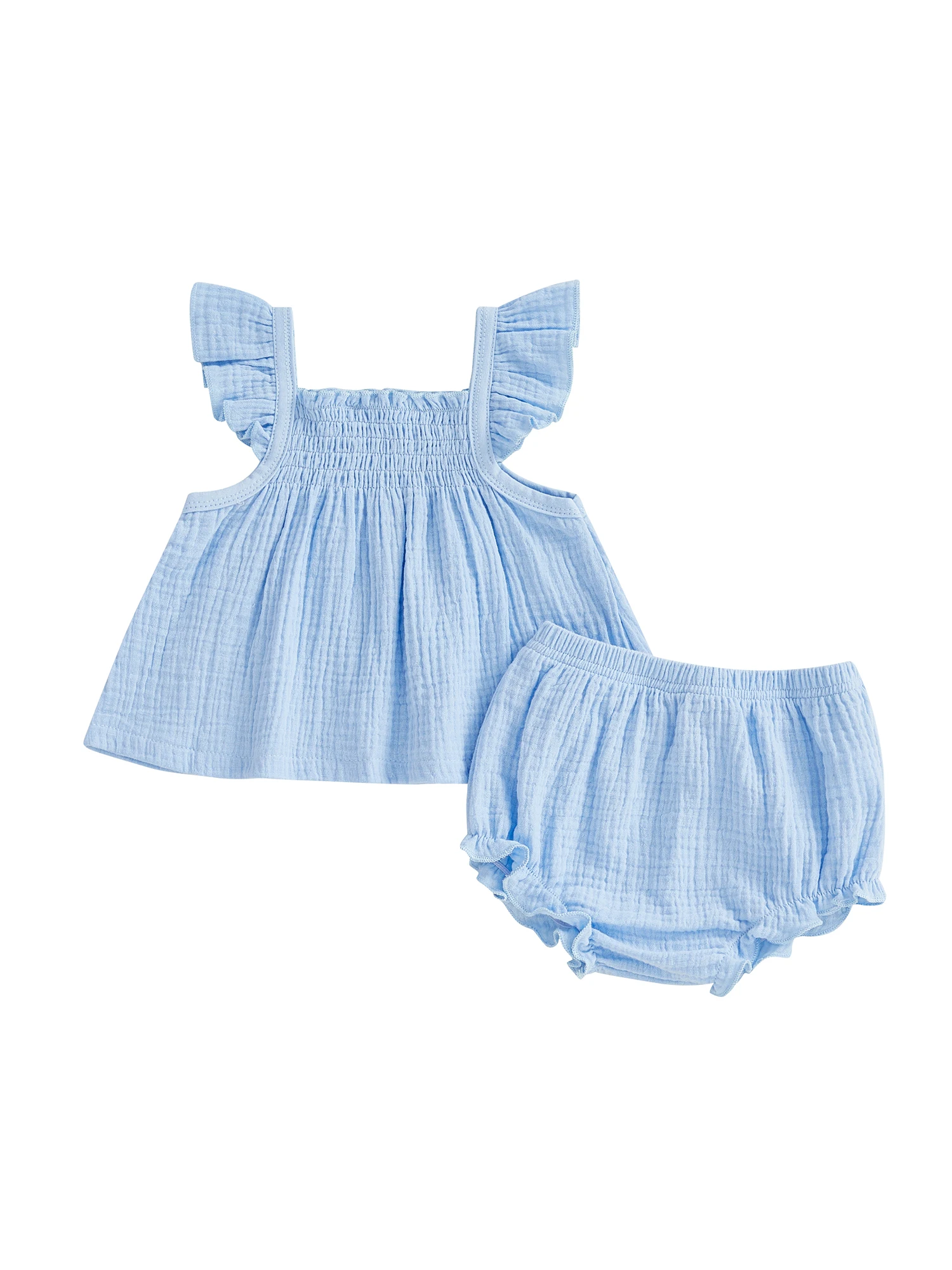 طقم رومبير رائع للفتيات الرضع مع بلوزة بأكمام مرفرفة وطبعة زهور وسروال قصير مكشكش - مجموعة صيفية مكونة من قطعتين #5