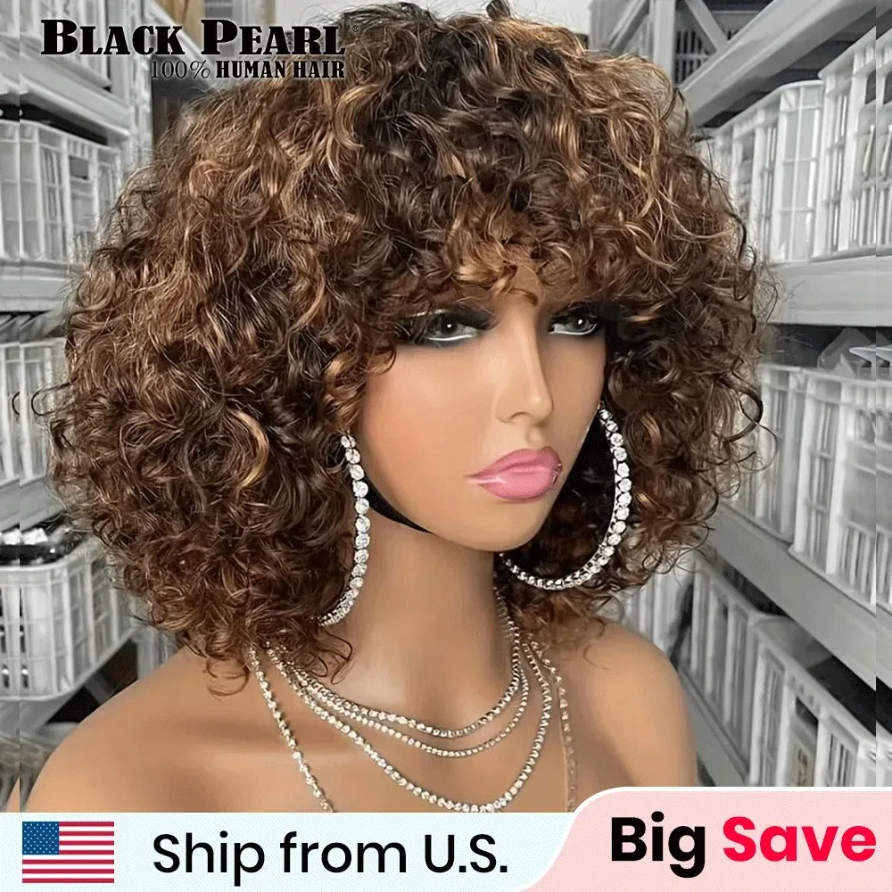Glueless Human Hair Wigs With Bangs Highlight Honey Brown Curly Short Bob Wig With Bangs Jerry Curly Bob Wigs For Women