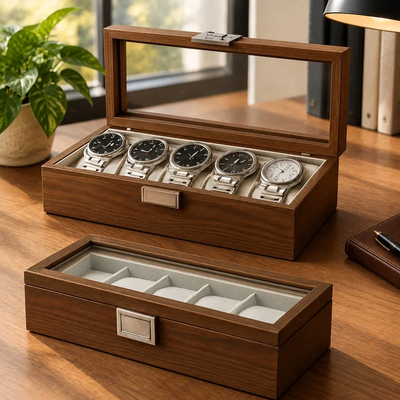Black Walnut Wooden Organizer Box for Displaying and Storing 6 Watches