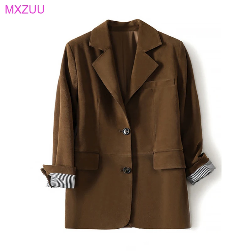 Retro Płaszcz ze Skóry Zamszowej w Kolorze Kawy z Motywem Krowy, Jesienno-Zimowy, Damski, Normalny Krój na Ramionach, Dwa Guziki, Wąski Krój, Rękawy w Paski, Skórzana Marynarka, Chaqueta Mujer