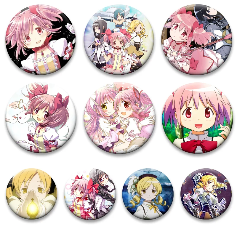 Kaname Madoka,Akemi Homura,Tomoe Mami,Magica Brooches Cute Cartoon Gril Badge Bag Decor Round Anime Lapel Pins Jewelry Gifts