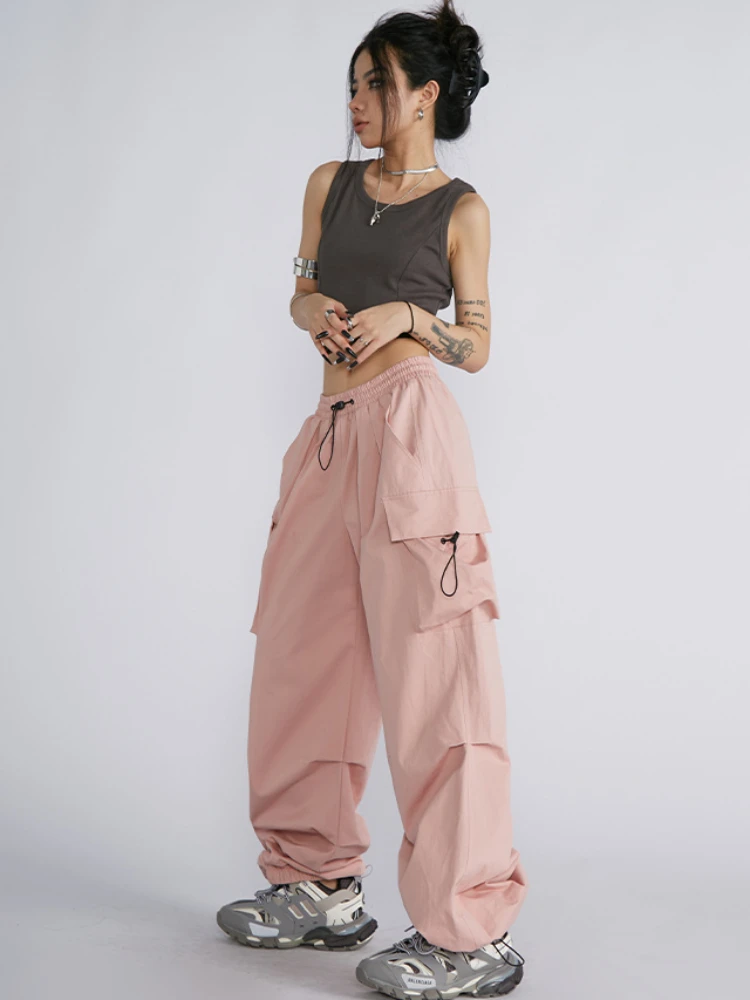 ADAgirl Black Wide Leg Parachute Pants Streetwear Vintage Loose Pockets High Waist Cargo Jogging Trousers Y2k Causal Sweatpants