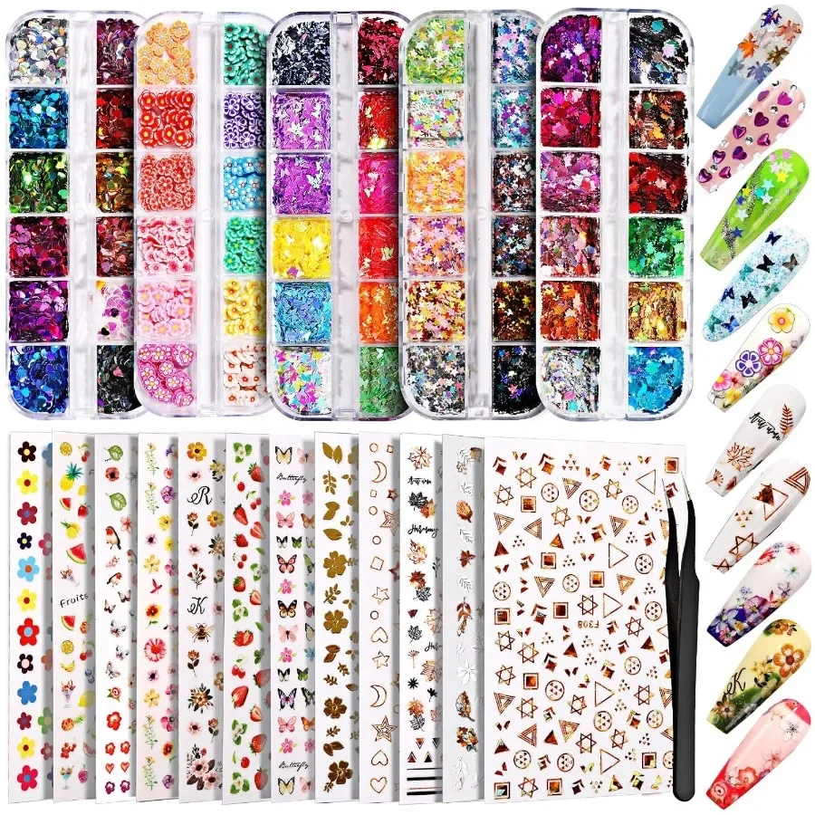 

12 Sheets 3D SelfAdhesive Nail Art Stickers with 5 Boxes Holographic Glitter Flakes Butterfly Heart Star Maple Leaf Sequins and