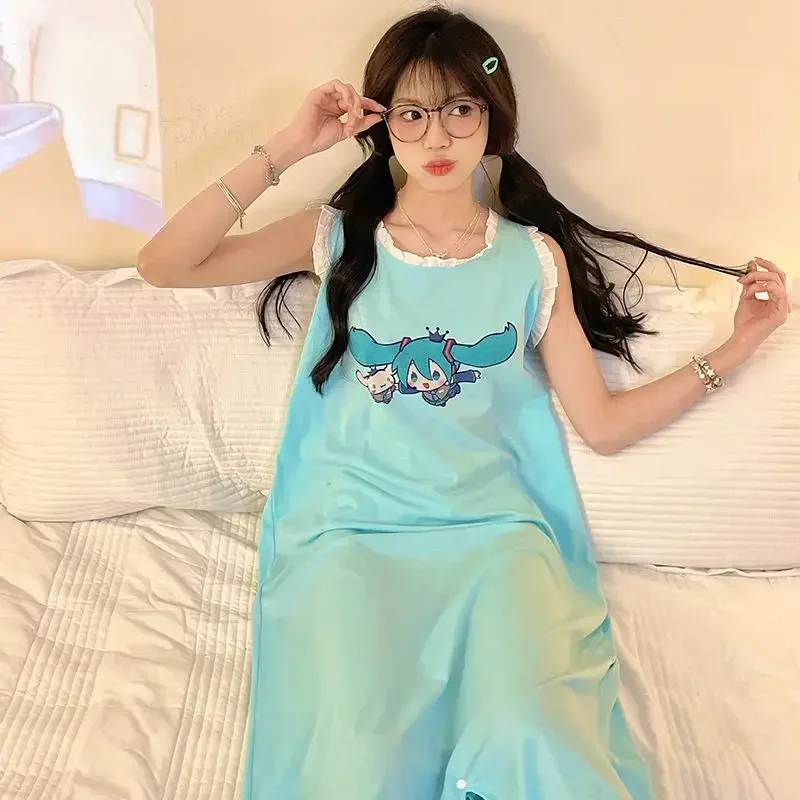 Hatsune Miku One-piece Pajamas Women's Summer Thin Cotton Ruffled Sleeveless Cute Cartoon Nightgown Large Size Home Clothes