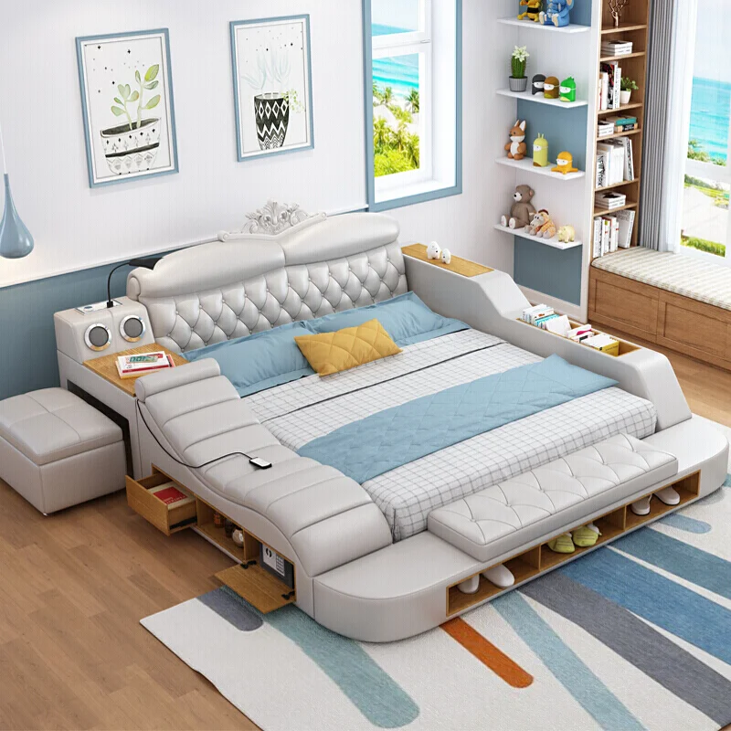 All In One Bed, Multifunctional Ultimate Bed | Modern Genuine Leather Tech Smart Bed with Massage Tatami, Speaker, Purifier, Led