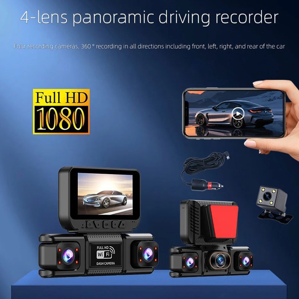 4 Channels Dash Cam For Cars，WiFi APP 360 Degree Panoramic WDR,Front Interior and Rear Cameras,Rotatable lens Night Vision 1080P