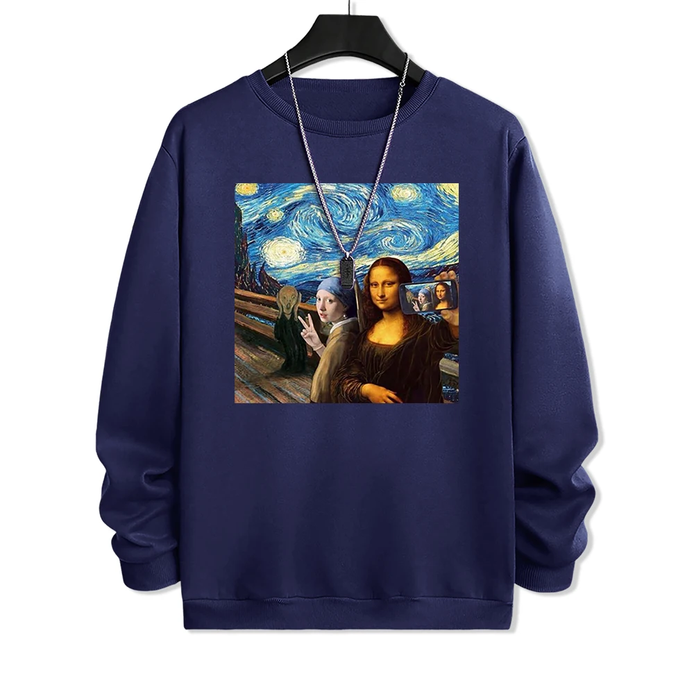 Mocking Mona Lisa Selfie Funny Print Clothes Mens Casual Harajuku Warm Hoody Autumn Fleece Hoodie O-Neck Pullover New Hoody Men