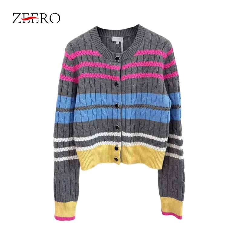 Fall Winter Women Vintage Striped Colour Blocking Knitted Cropped Cardigan Female Soft Warm O-neck Crochet Sweater Tops Coats