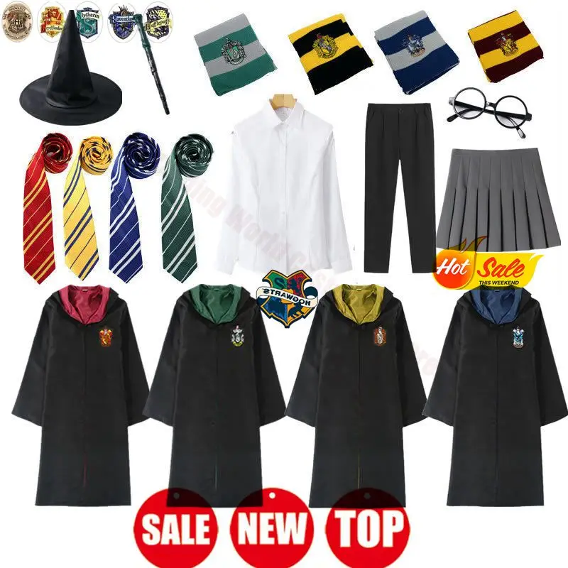 Nuevo disfraz de Cosplay de HarryyPotter, Hermione Granger, Falda corta, capa, corbata, camisa, pantalones, bufanda, varita, gafas, accesorios, regalos de fiesta