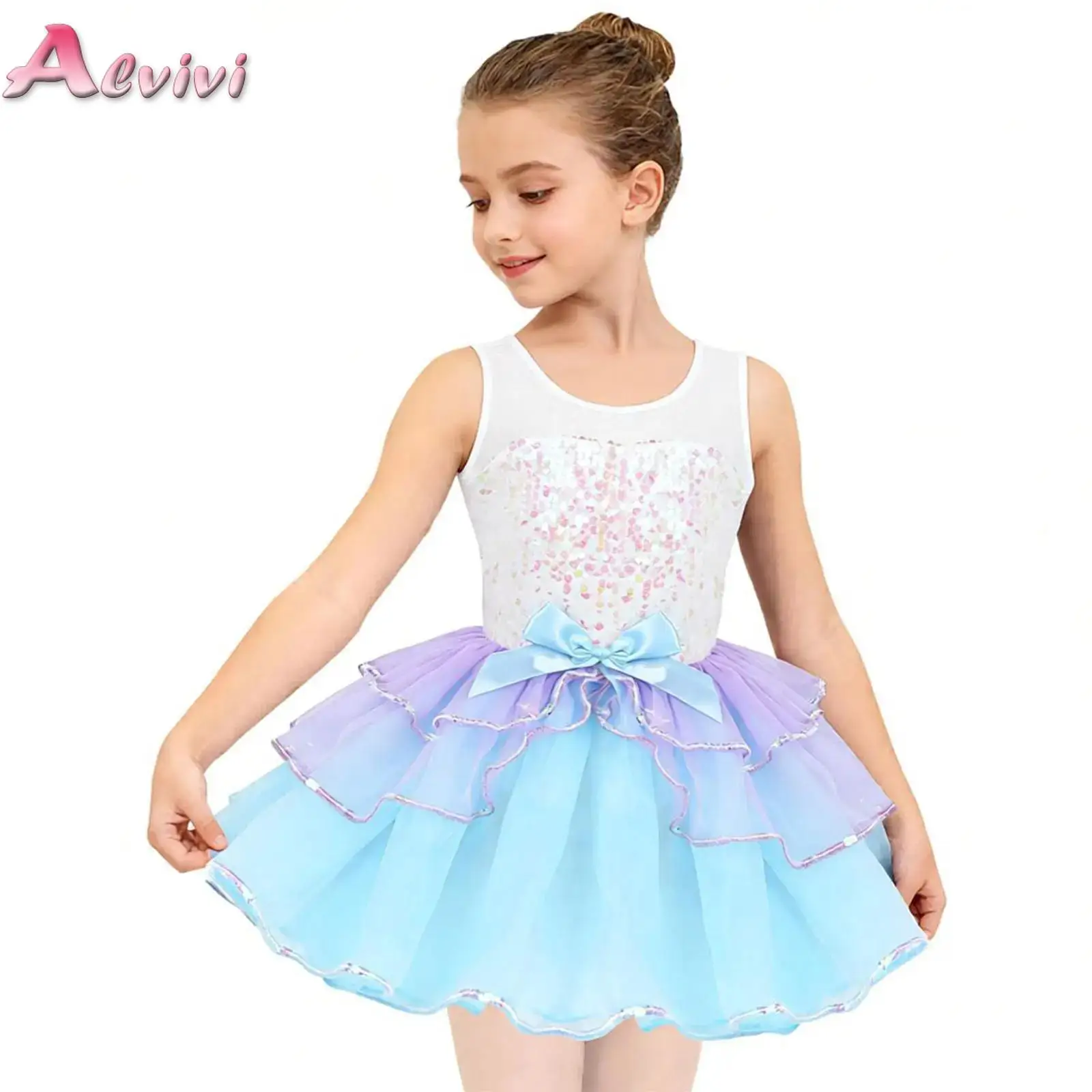 Sequins Ballet Tutu Dress Kids Girls Shiny Gymnastics Leotard Mesh Splice Bowknot Ballerina Dancewear Child Rave Party Outfit