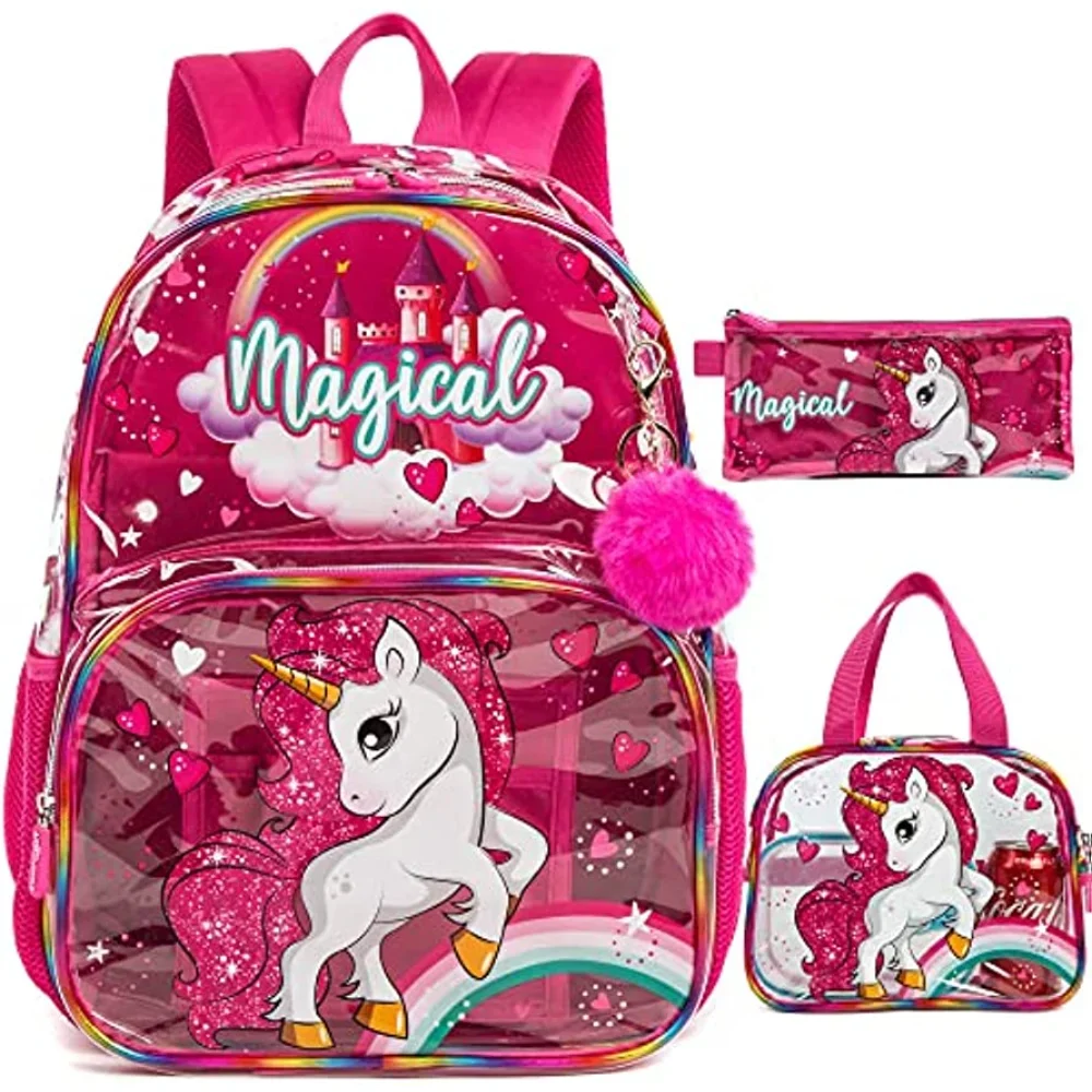 Kids Backpack 16in Clear Transparent Backpack See Through School Bookbag with Lunch Bag and Pencil Case boys and Girls