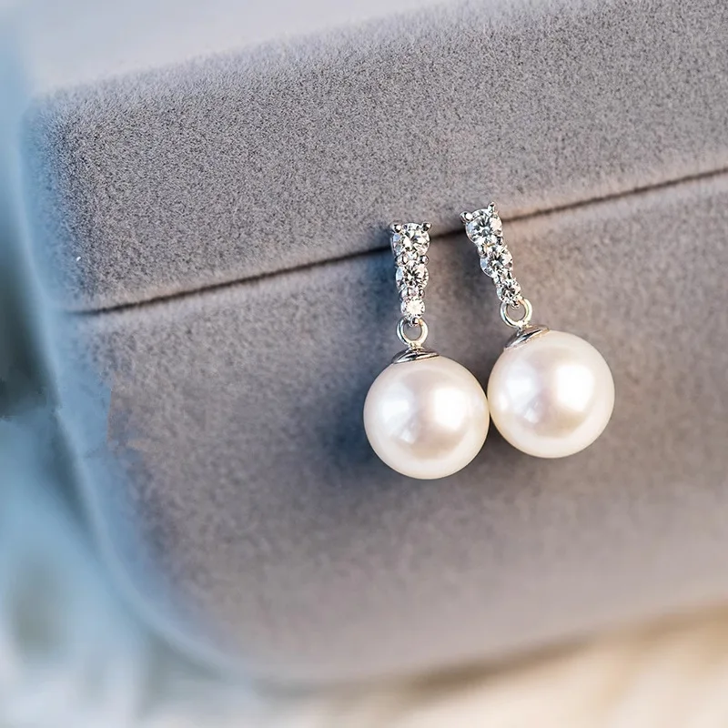 

Elegant Lady Simple Wedding Earring Pearl Shiny Zirconia 925 Sterling Silver Pendant Earring for Engagement Delicate Accessories