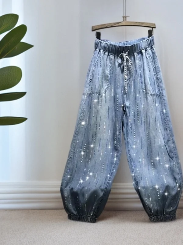

Spring 2026 High Waist Drawstring Women's Jeans Slimming Bootcut Casual Style Multi-Pocket Washed Fabric Loose Fit Blue Jeans