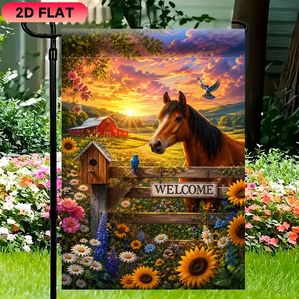 2D Flat Garden Flag 1 Piece, Pastoral Sunset Horse Welcome, Durable Polyester Material, Very Suitable for Garden, Lawn, Courtyard, Home, Outdoor, Beach Decoration Flags, Summer Festival Decoration Flags (Excluding Flagpoles), Single-sided Printing