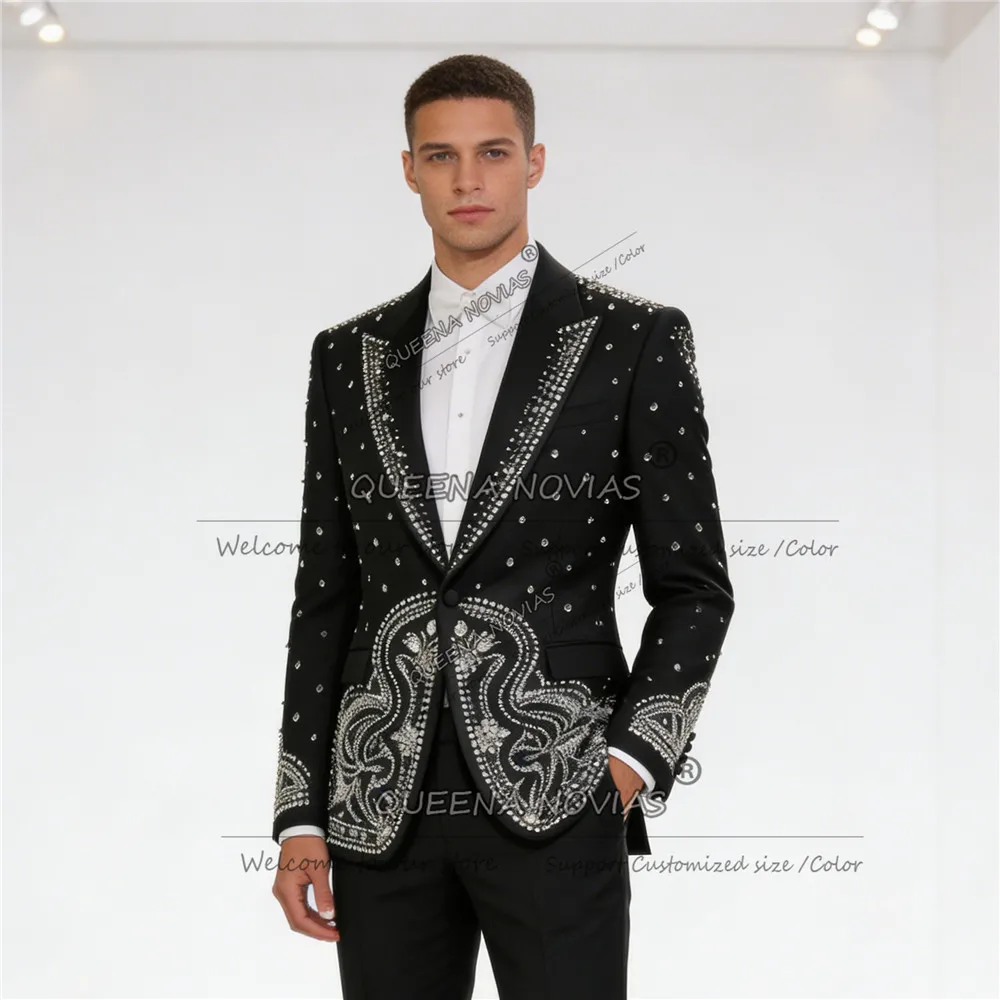 

Роскошный мужской костюм с кристаллами из бисера, комплект из 2 предметов, однобортный пиджак, брюки, индивидуальные смокинги для жениха, банкета, свадьбы 2026