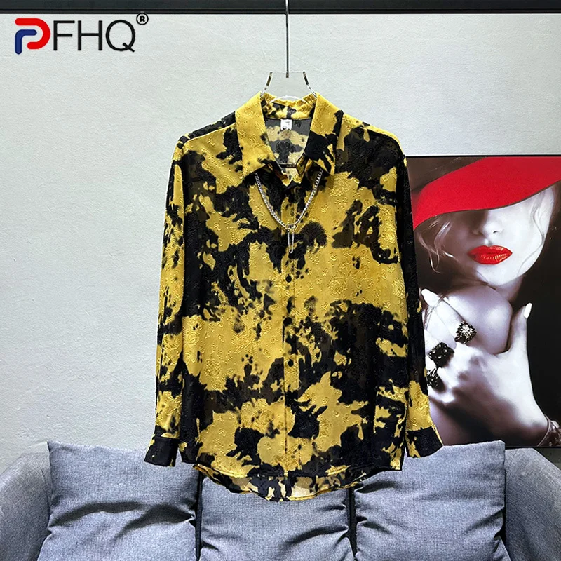 PFHQ Men\'s Summer New Shirts Light Luxury Handsome Casual High Quality Ink Painting Long Sleeve Thin Art Delicacy Tops 21Z4188