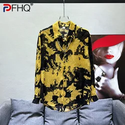 PFHQ Men's Summer New Shirts Light Luxury Handsome Casual High Quality Ink Painting Long Sleeve Thin Art Delicacy Tops 21Z4188