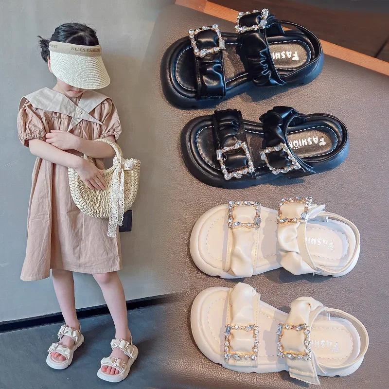 Girl Flat Shoes Summer Fashion Children Princess Shoes Rhinestone Buckle Open Toe Fashion Sandals Little Girl Shoes Black