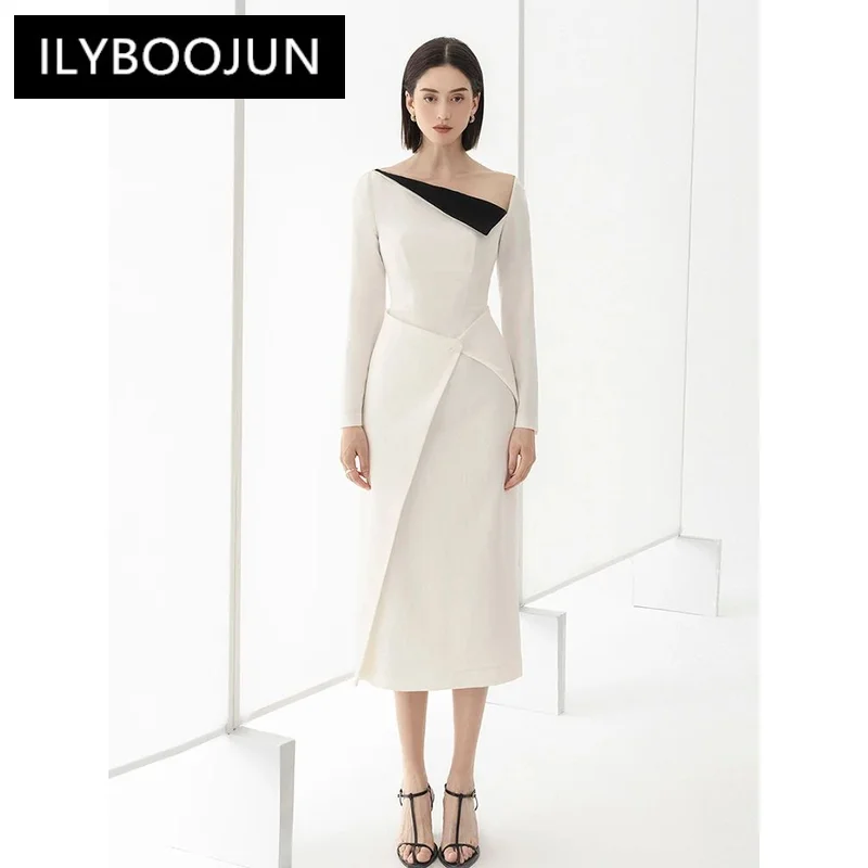 

Women's Fashion Evening Dress Contrast Color Diagonal Collar Cross Split Waist Elegant Dresses Spring 2024 New 13DB4554